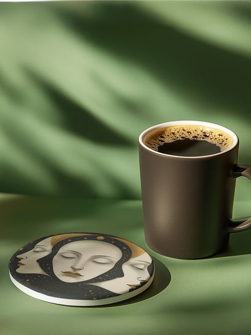 Circular ceramic coaster with a black, star-speckled background. Three white faces are depicted: a central face looking forward and two profiles on either side, all with closed eyes. A golden crescent moon arches over the central face. The coaster has a white rim indicating a cork backing and is 4.04 inches in diameter.